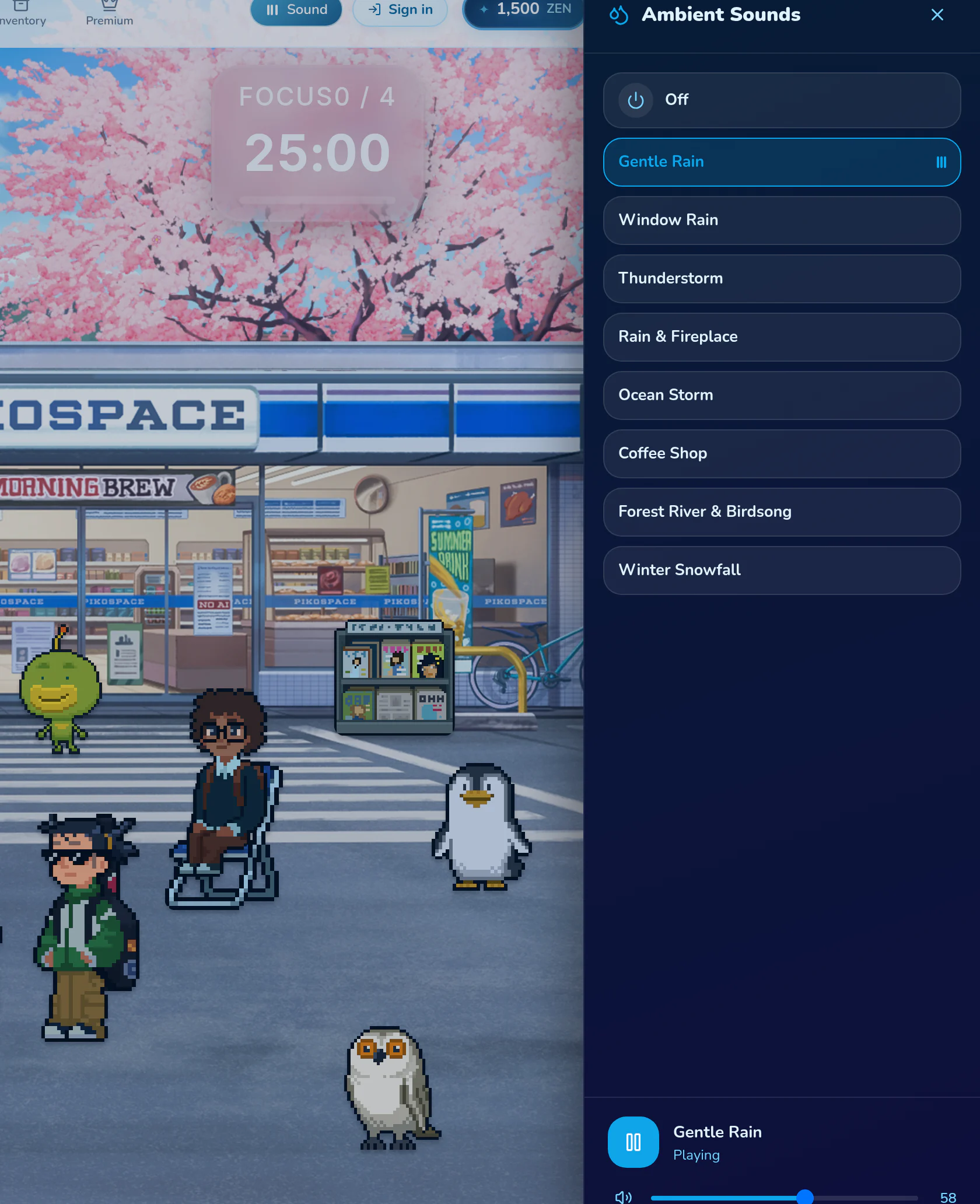 The Pikospace ambient sound library open beside a focus room