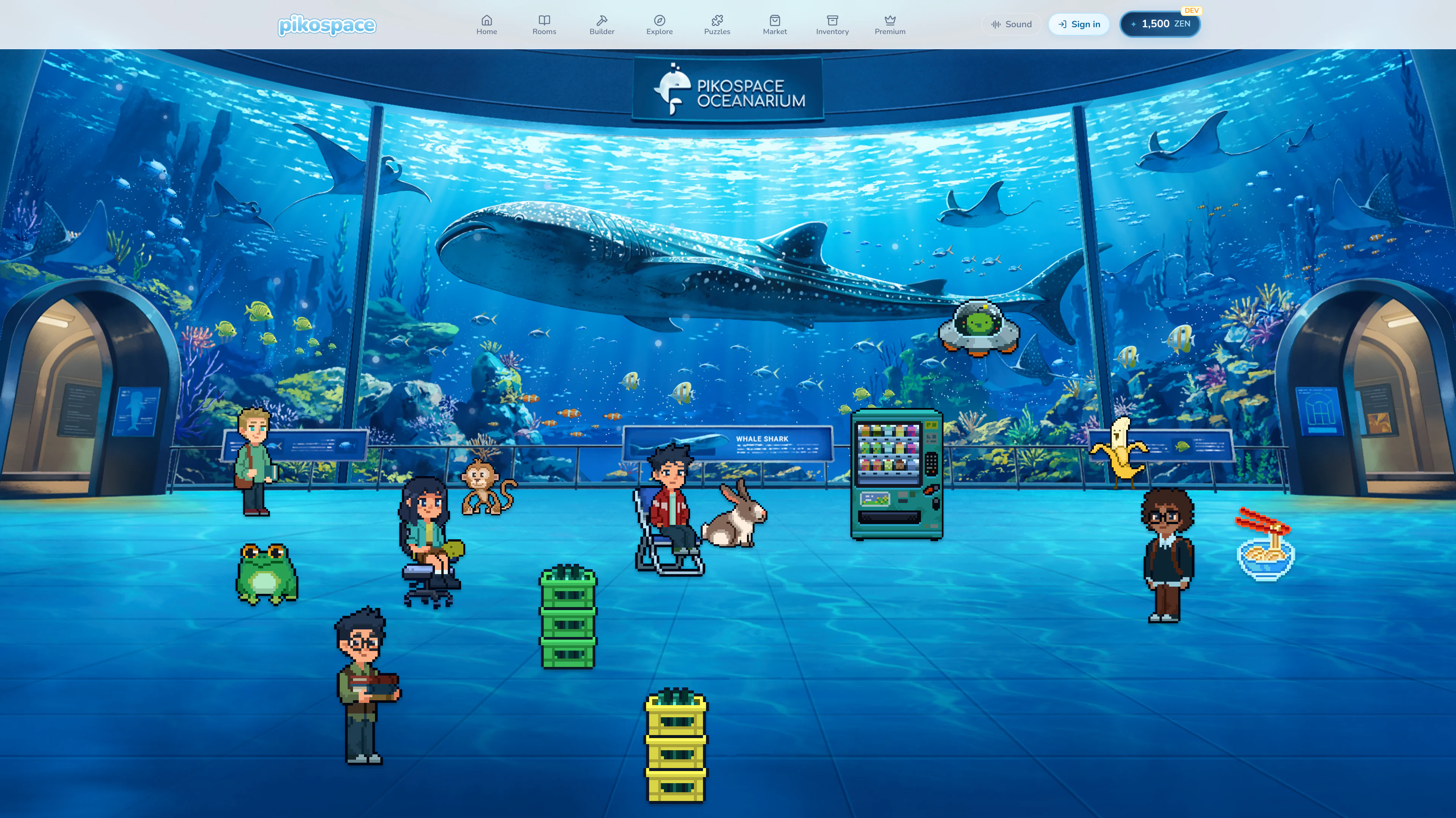 An individual Pikospace aquarium room with a whale shark backdrop, pixel characters, pets, and furniture