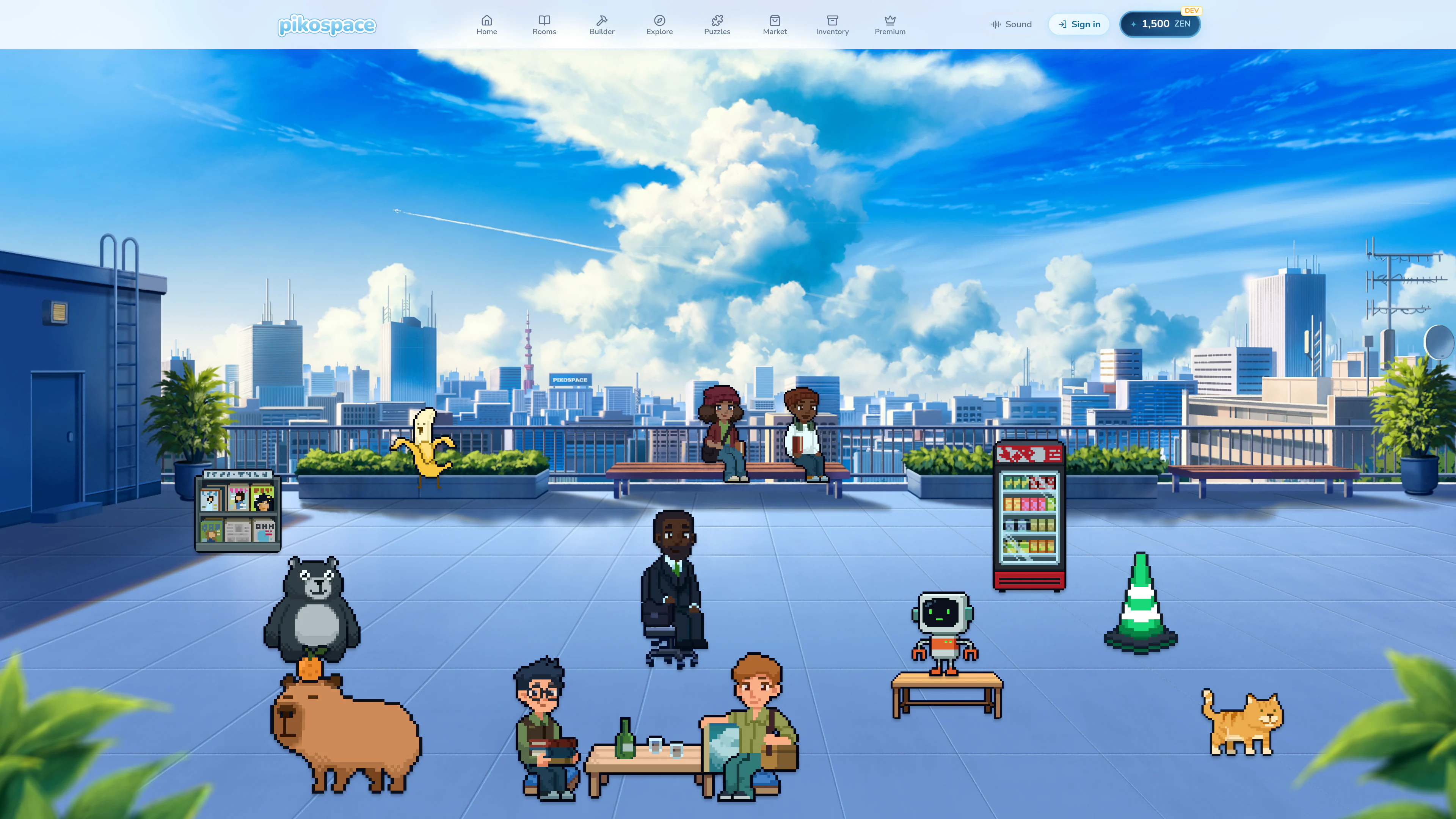 An individual Pikospace rooftop room with a city skyline, pixel characters, pets, and furniture