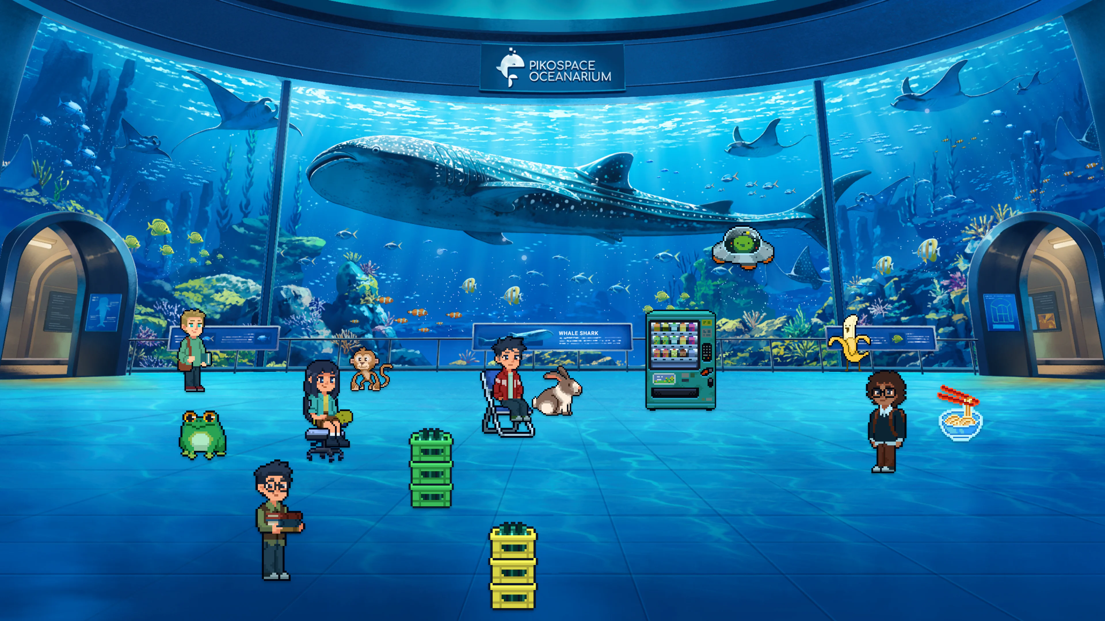A Pikospace aquarium room with a whale shark backdrop, pixel furniture, characters, and pets