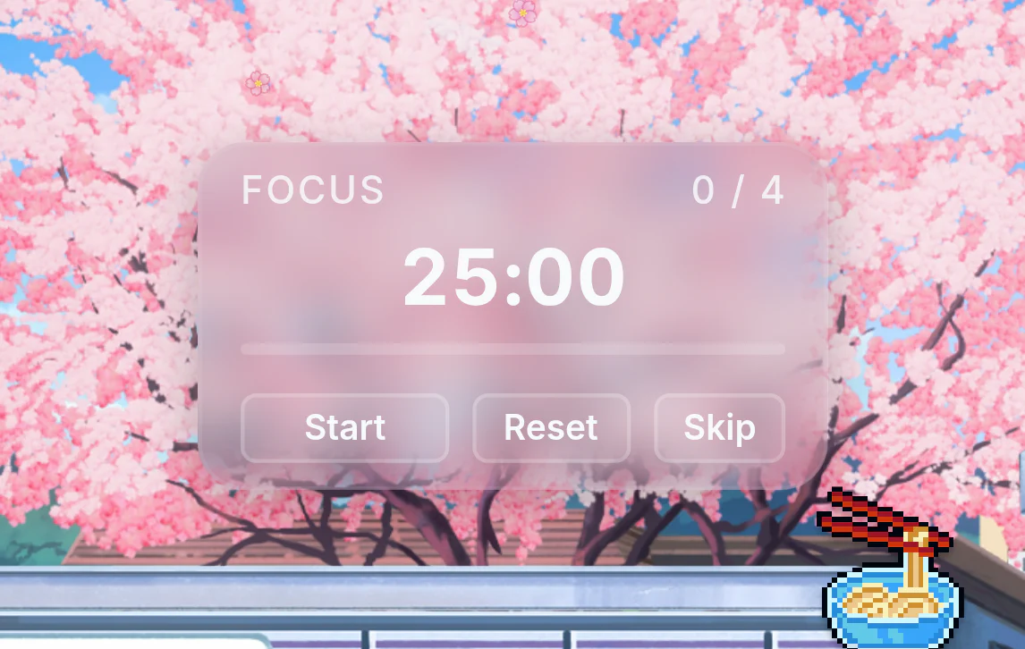 A Pikospace focus timer showing 25:00 with Start, Reset, and Skip controls over a cherry blossom room background