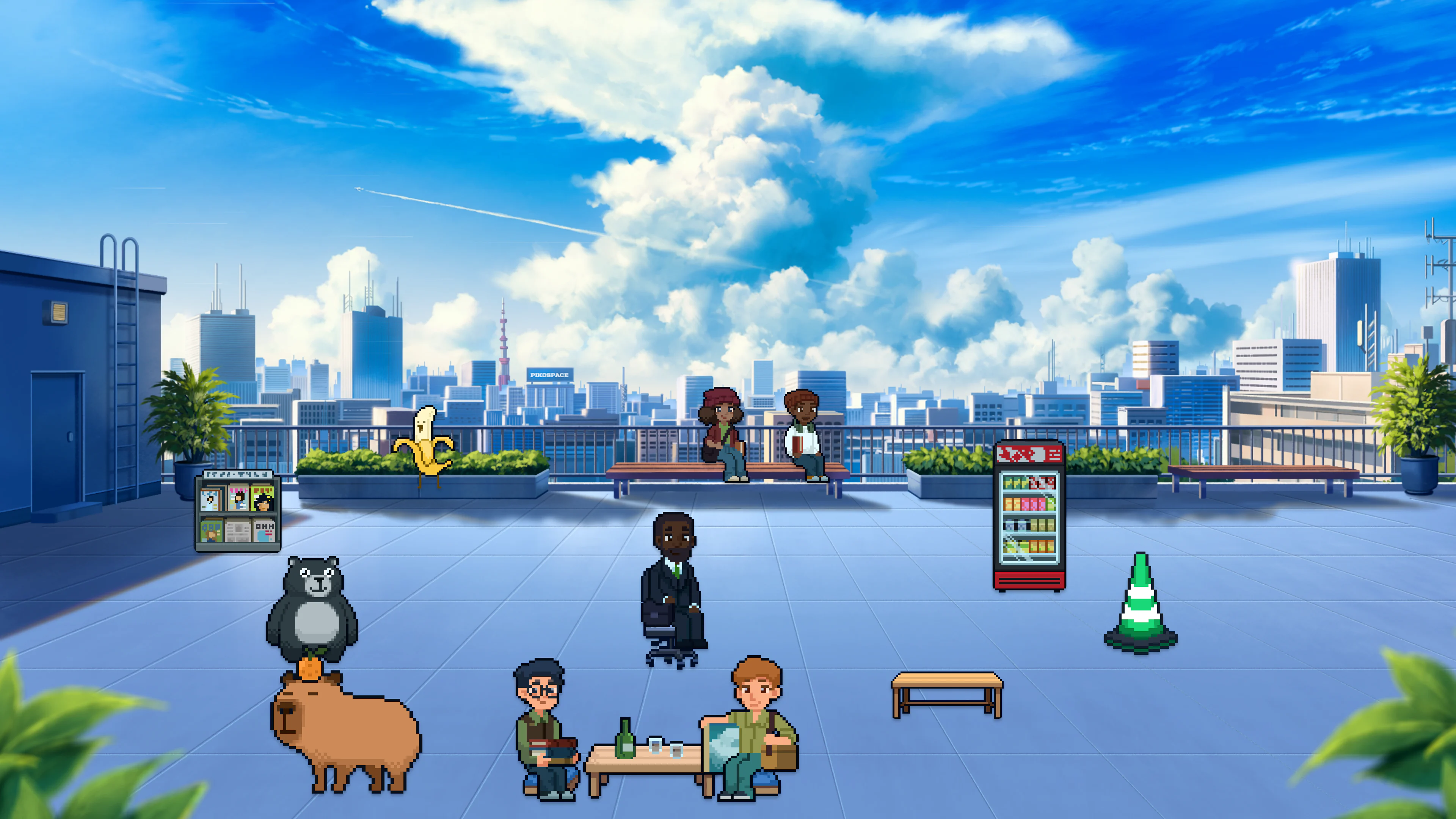 Collected pixel furniture, characters, and pets arranged in a Pikospace rooftop room