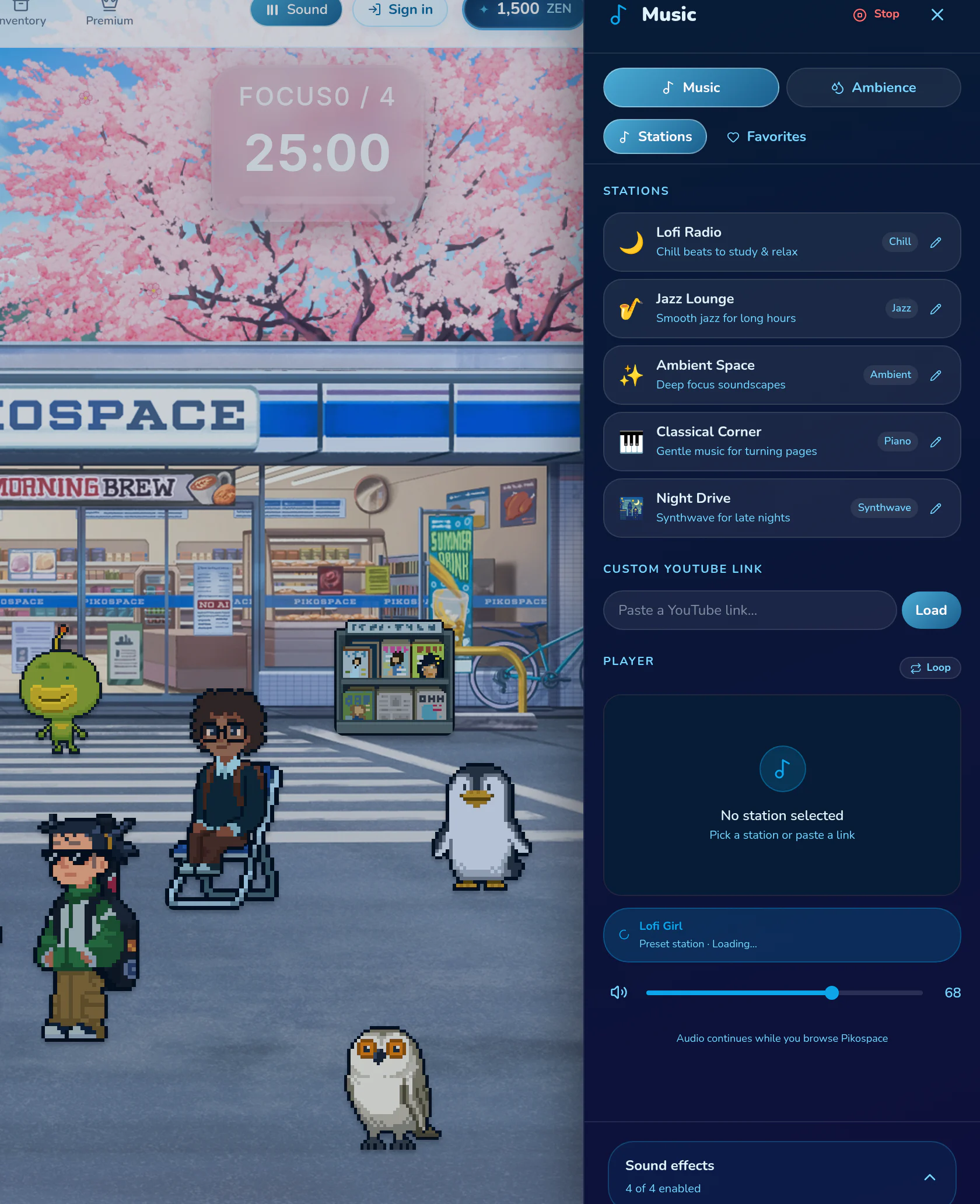 Pikospace music playback controls with a station selected