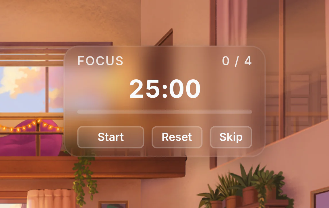 A Pikospace Pomodoro timer showing 25:00 with Start, Reset, and Skip controls over a warm loft background