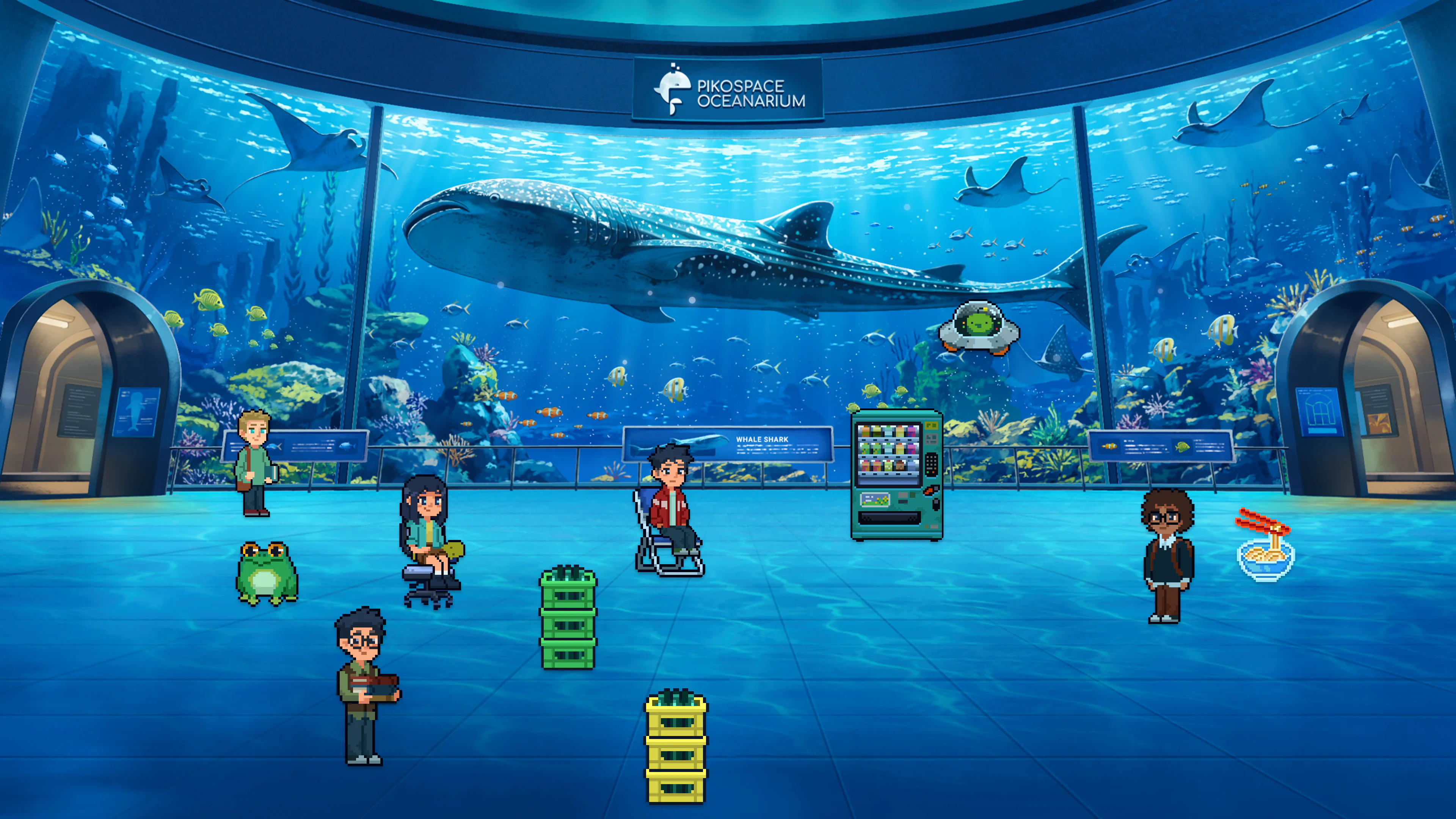A decorated Pikospace aquarium room with pixel characters, pets, chairs, and a vending machine