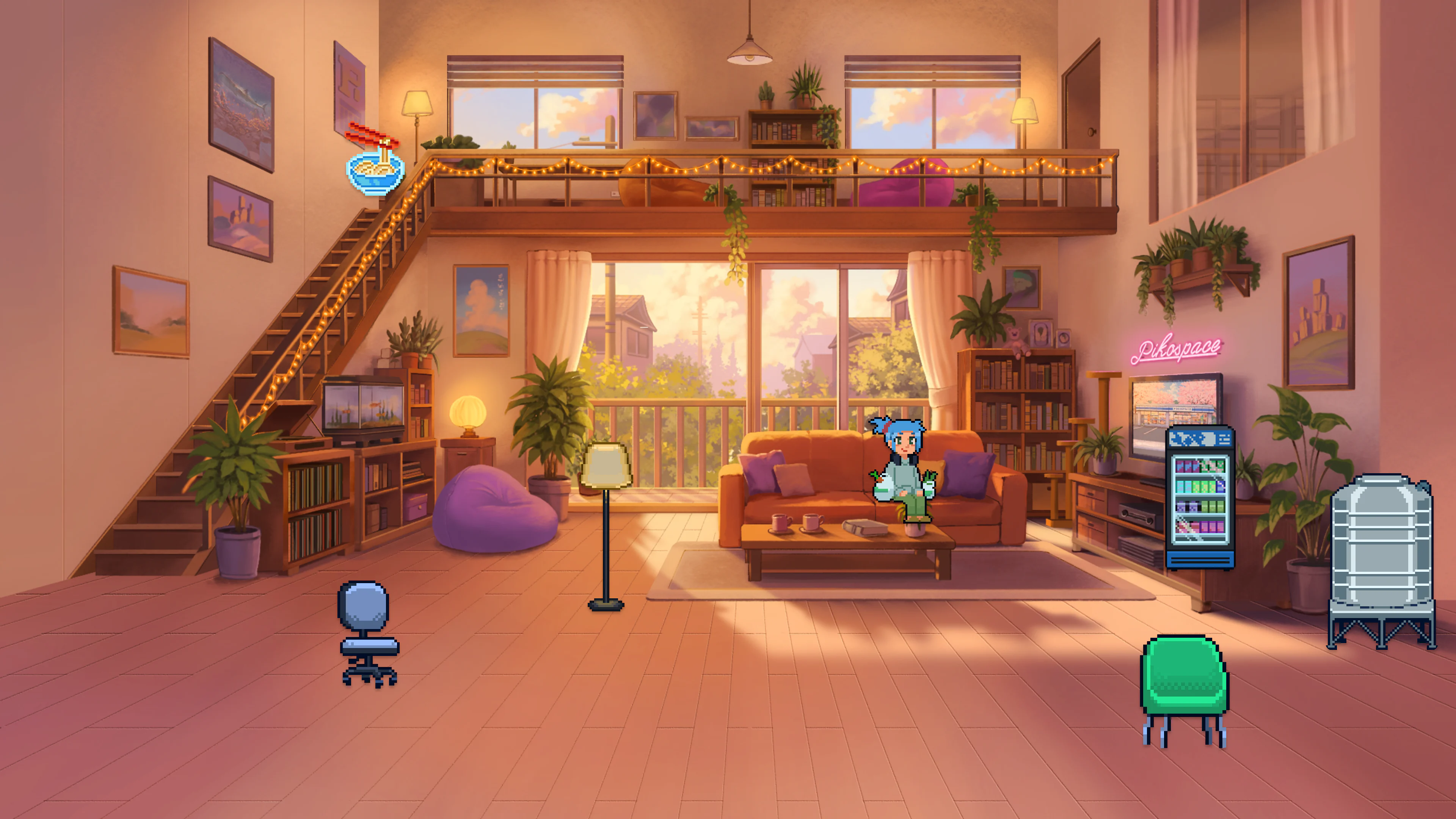 A Pikospace loft room furnished with pixel chairs, a floor lamp, a vending machine, and a seated character