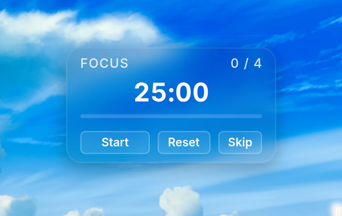 A Pikospace focus timer showing 25:00 with Start, Reset, and Skip controls over a blue sky room background
