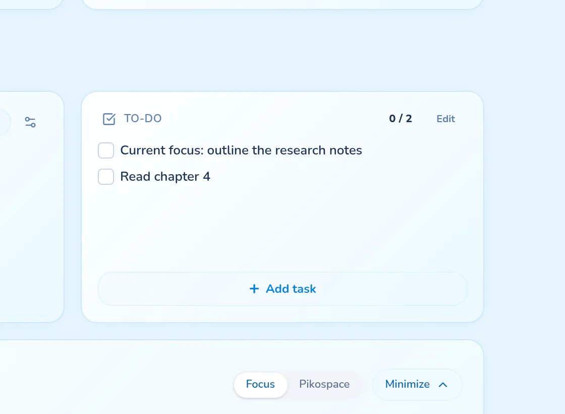 A Pikospace to-do list with two unchecked study tasks, including a current-focus research task